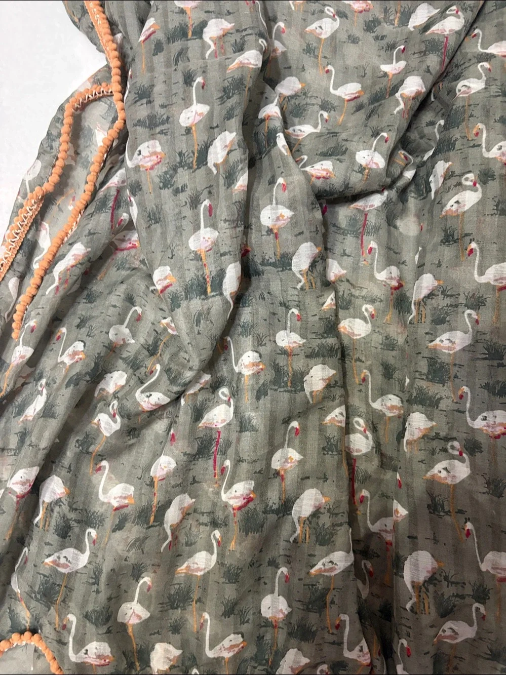 Twiggy London Gray Sheer Flamingo Scarf Wrap with Orange Pom Pom Trim EUC